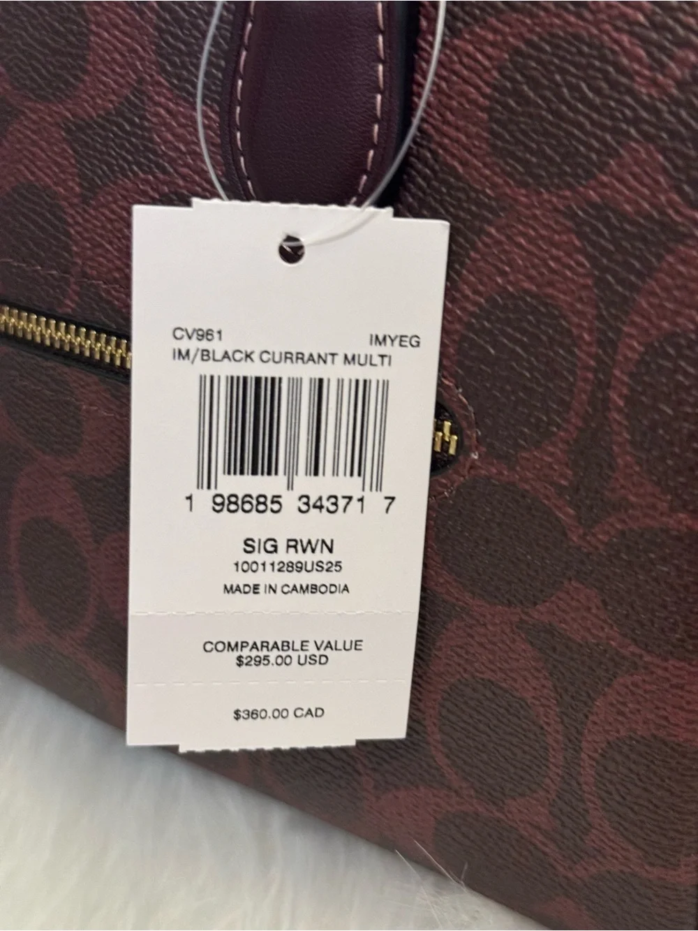 NWT Coach CV961 Rowan Satchel Bag In Signature Canvas Black Currant Color